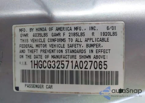 2001 Honda Accord 2.3 Ex from USA, damaged, VIN 1HGCG32571A027065